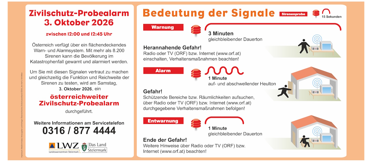 Zivilschutz-Probealarm am 3.10.2026